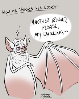 bat_wings fangs feral feralized fur humor male membrane_(anatomy) membranous_wings open_mouth red_eyes solo teeth text white_body white_fur winged_arms wings glorious_void baldur's_gate baldur's_gate_3 bioware electronic_arts larian_studios astarion_(baldur's_gate) batstarion bat leaf-nosed_bat mammal microbat vampire_bat yangochiropteran english_text hi_res