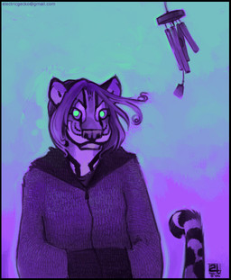 anthro biped female glowing glowing_eyes gradient_background looking_at_viewer simple_background solo standing stripes tail wind wind_chime wind_chimes oce felid mammal pantherine tiger cool_colors purple_theme