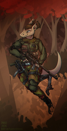 4_fingers anthro armor belt body_armor bottomwear brown_hair camo camo_bottomwear camo_clothing camo_pants camo_print claws clothed clothing cybernetic_leg cybernetic_limb day detailed_background digitigrade explosives female fingerless_gloves fingers forest gloves grenade gun hair handwear holding_gun holding_object holding_ranged_weapon holding_rifle holding_weapon knee_pads machine_pistol missing_leg notched_ear outside pants pattern_bottomwear pattern_clothing pattern_pants plant ranged_weapon rifle running scarf shrub solo tail tapering_tail text tree weapon lusciouslioness project_silverfish inheritor lizard reptile scalie 2026 absurd_res dated hi_res url