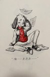 adolescent anthro biped book bottomwear clothing eyes_closed floppy_ears footwear jacket kemono leaning leaning_backward long_ears male on_ground pants paper shoes simple_background sitting solo teeth text topwear young young_anthro ffjjfjci shan_chui_cha_(ffjjfjci) canid canine canis domestic_dog mammal chinese_text hi_res restricted_palette traditional_media_(artwork) translated