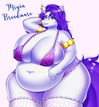 anthro belly belly_overhang big_belly big_breasts blue_eyes bra bracelet breast_squish breasts clothing ear_piercing ear_ring female hair huge_breasts jewelry lace long_hair mature_female obese obese_anthro obese_female overweight overweight_anthro overweight_female piercing pregnant pregnant_anthro pregnant_female purple_hair ring_piercing solo squish straining_clothing straining_underwear thick_thighs underwear white_body white_skin morris_(artist) miyia_broodmare morrissey equid equine horse mammal hi_res