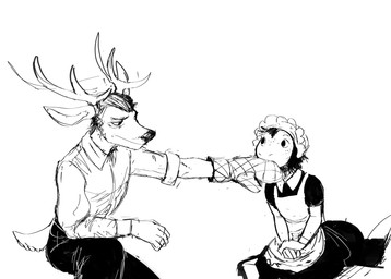 anthro clothing disappointed duo female freckled_face freckles handwear maid_uniform male nibbling oven_mitts uniform hladilnik deer_admiral_(hladilnik) lonely_shark_(hladilnik) aquatic deer fish mammal shark 2026 black_and_white hi_res monochrome