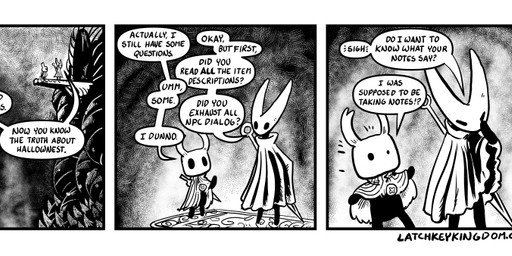 2_horns 3_panel_comic ambiguous_gender biped black_body black_eyes black_text cloak clothing dialogue duo exclamation_point horn looking_at_another melee_weapon nail_(weapon) question_mark sound_effects speech_bubble standing talking_to_another text weapon weapon_on_back p5ych hollow_knight_(franchise) team_cherry hornet_(hollow_knight) the_knight_(hollow_knight) arthropod vessel_(species) artist_name comic english_text monochrome female_(lore) half_sister_(lore) sibling_(lore) sister_(lore)