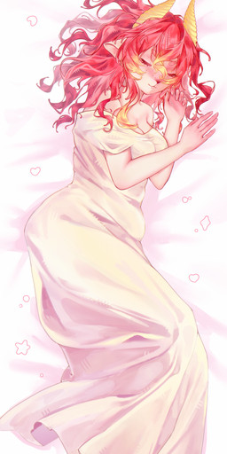anthro clothing dakimakura dress female freckles hair hooves lying pink_hair sleeping slightly_chubby solo yellow_hooves rumeru rumi_(rumeru) bovid caprine mammal sheep 1:3 absurd_res dakimakura_design hi_res