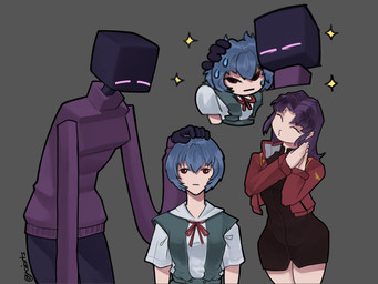 :| black_body black_clothing blue_hair bodily_fluids clothing female grey_background group hair hand_on_head hands_together hug jacket neutral_expression not_furry pink_eyes purple_clothing purple_hair purple_sweater purple_topwear red_clothing red_jacket red_topwear school_uniform simple_background sparkles square_head sweat sweatdrop sweater topwear trio uniform kaiartis microsoft minecraft mojang neon_genesis_evangelion xbox_game_studios misato_katsuragi rei_ayanami enderman human humanoid mammal 2026 hi_res