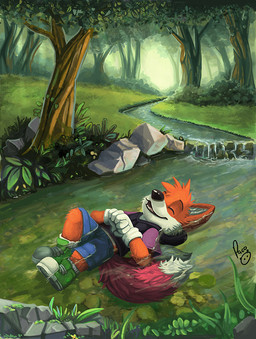 anthro cheek_tuft clothed clothing creek eyes_closed facial_tuft fur grass lying male male_anthro on_back orange_body orange_fur outside partially_submerged plant red_tail smile solo tail tree tuft white_body white_fur white_tail young young_anthro young_male pandapaco canid canine fox mammal