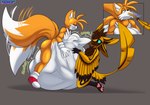 2_tails abdominal_bulge anthro duo fatal_vore fur male male_pred male_prey multi_tail multiple_prey oral_vore orange_body pronounced_browridge slurping smaller_pred swallowing tail tail_motion tailwag tongue vore yellow_body foxynoms sega sonic_the_hedgehog_(series) miles_prower avali avian bird canid canine fox mammal hi_res