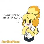 1:1 accessory animal_crossing anthro bell blush canid canine canis clothed clothing dialogue domestic_dog english_text female female_anthro floppy_ears fur hair hair_accessory hi_res isabelle_(animal_crossing) mammal nintendo open_clothing open_mouth open_shirt open_topwear shih_tzu shirt smile solo starshippizza text topwear toy_dog white_body white_fur yellow_body yellow_fur