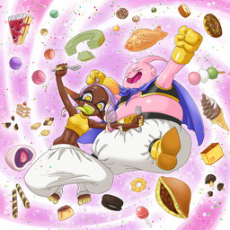boots bottomwear breasts cake candy cape clothing cookie cutlery dark_body dark_skin dessert doughnut duo fangs feet female food footwear fork gloves handwear humanoid_pointy_ears ice_cream kitchen_utensils lollipop looking_at_viewer male navel open_mouth pants pastry pink_body pink_skin pointy_ears raised_arms shirt shoes smile spoon teeth toes tongue tongue_out tools topwear vest yellow_eyes namuro dragon_ball nintendo splatoon frye_(splatoon) majin_buu alien alien_humanoid animal_humanoid aquatic aquatic_humanoid cephalopod cephalopod_humanoid humanoid inkling mollusk mollusk_humanoid 1:1 2023 absurd_res crossover hi_res