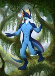 abs anthro athletic athletic_male blue_body detailed_background digitigrade featureless_crotch forest long_tail male nude pecs plant rainforest raining tail tree coyrin mythology teryx teryx_commodore dragon mythological_creature mythological_scalie scalie hi_res