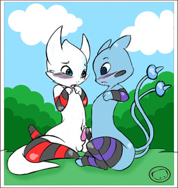 2_tails anthro anthro_on_anthro armwear balls biped black_armwear black_clothing black_legwear black_penis black_sleeves black_stockings black_stripes blue_body blue_ears blue_eyes blue_sky blue_tail blush blush_lines bodily_fluids clothed clothed_anthro clothed_male clothing cloud day duo erection face_to_face frottage genital_fluids genitals grass legwear looking_at_another looking_at_partner male male/male mostly_nude mostly_nude_anthro mostly_nude_male multi_tail multicolored_armwear multicolored_clothing multicolored_legwear multicolored_sleeves multicolored_stockings multicolored_stripes nature on_grass on_ground open_mouth outside pattern_armwear pattern_clothing pattern_legwear pattern_stockings penile penis penises_touching plant purple_armwear purple_clothing purple_legwear purple_sleeves purple_stockings purple_stripes red_armwear red_clothing red_legwear red_penis red_sleeves red_stockings red_stripes semi-anthro sex shrub shy sitting skimpy sky sleeves stockings striped_armwear striped_clothing striped_legwear striped_sleeves striped_stockings stripes tail tapering_penis two_tone_armwear two_tone_clothing two_tone_legwear two_tone_sleeves two_tone_stockings two_tone_stripes white_balls white_body white_tail fairyfloss harumi dragon_drive mythology nintendo pokemon chibisuke dragonchu_(character) fan_character dragon dragonair generation_1_pokemon hybrid legendary_pokemon mew_(pokemon) mythological_creature mythological_scalie pikachu pokemon_(species) scalie 2012 hi_res