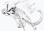 attack male mostly_nude open_mouth solo teeth text tribe weapon ryo_sumiyoshi nbaya_(ryo_sumiyoshi) felid felid_taur leopard leopard_taur mammal mammal_taur paleo_(species) pantherine pantherine_taur taur japanese_text monochrome