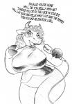 anthro big_breasts breasts dialogue electronics female hair horn huge_breasts microphone open_mouth singing solo text wide_hips chochi endtown maude_hefner bovid bovine cattle mammal black_and_white english_text hi_res monochrome