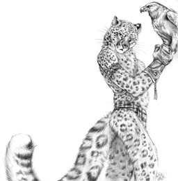 ambiguous_gender anthro armband beak bird_on_hand bottomwear chest_strap clothed clothing duo falconry_glove feet feral fluffy fluffy_tail fur leopard_spots loincloth looking_aside male side_view spots standing tail talons toes topless topless_anthro topless_male blotch scratches_volume_6 accipitrid accipitriform avian bird eagle felid mammal pantherine snow_leopard 2012 hi_res monochrome traditional_media_(artwork)