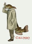 5_fingers alternate_species anthro barbel_(anatomy) biped bottomwear brown_body brown_bottomwear brown_clothing brown_footwear brown_pants brown_shoes cigarette clothing coat fin fingers fish_tail footwear furrification gills green_necktie green_sclera hand_in_pocket head_fin holding_cigarette holding_object male necktie pants pockets red_text shoes side_view simple_background solo standing text topwear trenchcoat white_background stivkun columbo_(series) columbo catfish fish marine 2025 digital_media_(artwork) hi_res signature