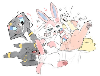 after_anal after_sex anus balls blue_sclera blush bodily_fluids cum cum_from_ass cum_in_ass cum_inside erection faux_gaping feral genital_fluids genitals group male male/male pawpads penis penis_in_face ribbonjob tail text tongue tongue_out trio vitame83 nintendo pokemon eeveelution flareon generation_1_pokemon generation_2_pokemon generation_6_pokemon pokemon_(species) sylveon umbreon hi_res korean_text
