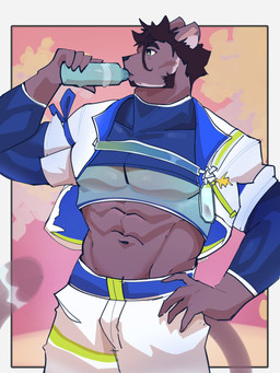 abs anthro black_hair bottle bottomwear clothing container crop_top drinking hair male muscular muscular_anthro muscular_male navel pecs shirt shorts solo swimwear topwear water_bottle hoshimiy4a lifewonders live_a_hero tsuneaki domestic_cat felid feline felis mammal 3:4 absurd_res hi_res