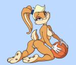 2019 3_toes anthro ball blonde_hair blue_eyes butt feet female filthypally genitals hair hi_res lagomorph leporid lola_bunny looking_at_viewer looney_tunes mammal nipples nude pussy rabbit simple_background solo space_jam toes warner_brothers