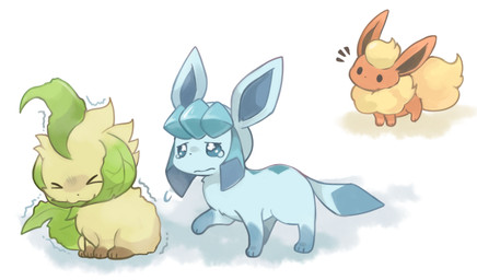 >_< bodily_fluids eyes_closed feral group simple_background tears kanannbo nintendo pokemon eeveelution flareon generation_1_pokemon generation_4_pokemon glaceon leafeon pokemon_(species) 2015
