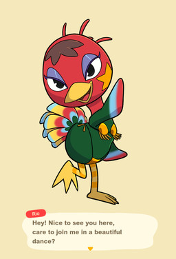 anthro beak blue_body blue_feathers brown_hair dialogue eyeshadow feathers female green_body green_feathers hair makeup multicolored_body multicolored_feathers on_one_leg open_mouth open_smile purple_eyeshadow red_body red_feathers simple_background smile solo standing striped_legs tail tail_feathers tan_background text white_sclera yellow_beak yellow_body yellow_feathers impstripe animal_crossing nintendo rio_(animal_crossing) avian bird ostrich ratite english_text hi_res
