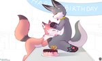 anthro bodily_fluids cum cum_on_face duo fellatio female food genital_fluids happy_birthday knot male male/female oral pastry penile pie sex simple_background text white_background senz nia_(senz) sean_(senz) canid canine fox mammal absurd_res hi_res url