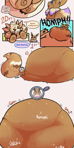 abdominal_bulge ambiguous_gender anthro appliance book cinnamon_bun cookbook dialogue digestion digestion_noises duo feral food jewelry kitchen_appliance licking licking_lips magnifying_glass musical_note musical_symbol necklace one_eye_closed oven pastry reformation size_difference smaller_pred speech_bubble symbol tail_outside_mouth tongue tongue_out vore weight_gain willing_prey wink eclairscollection nintendo pokemon meep_the_eevee eevee food_creature generation_1_pokemon pokemon_(species) absurd_res comic hi_res