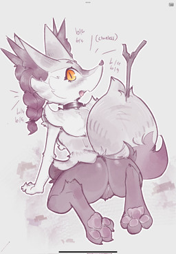 3_toes all_fours anthro arm_tuft art_program_in_frame biped braided_hair braided_ponytail breasts cheek_tuft chest_tuft collar collar_only cute_fangs digitigrade dipstick_tail eyebrows eyelashes facial_tuft fangs feet female female_anthro fur genitals grass hair hindpaw hip_tuft humanoid_genitalia humanoid_vulva inner_ear_fluff jewelry looking_at_viewer looking_back looking_back_at_viewer markings mostly_nude_anthro mostly_nude_female multicolored_body multicolored_fur necklace nude object_in_tail open_mouth orange_eyes pawpads paws plant ponytail pupils rear_view shoulder_tuft simple_background slit_pupils small_breasts solo stick stick_in_tail tail tail_markings tapering_snout teeth text toes tuft two_tone_tail vulva c3ilin nintendo pokemon braixen canid generation_6_pokemon mammal pokemon_(species) 2025 digital_drawing_(artwork) digital_media_(artwork) english_description full-length_portrait hi_res portrait shaded spot_color