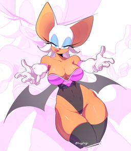 anthro armwear bedroom_eyes big_breasts blowup_background blue_eyes blue_eyeshadow breasts butt butt_from_the_front cleavage clothed clothing collarbone elbow_gloves eyelashes eyeshadow female gloves handwear legwear leotard makeup membrane_(anatomy) membranous_wings narrowed_eyes open_mouth open_smile seductive simple_background small_waist smile solo tan_body thigh_gap thigh_highs wide_hips wings sonjasonjy sega sonic_the_hedgehog_(series) rouge_the_bat bat mammal 2026 absurd_res hi_res