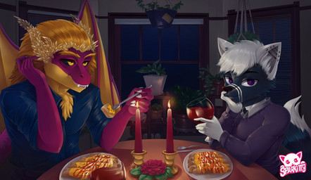 alcohol anthro beverage black_sclera blinds candle chest_tuft clothed clothing container cup cutlery date detailed_background dinner drinking_glass duo eating fire flower fluffy fluffy_tail food fork furniture glass glass_container glass_cup holding_container holding_cup holding_drinking_glass holding_fork holding_object holding_wine_glass inside kitchen_utensils male male/male night plant plant_pot plate potted_plant purple_eyes romantic romantic_couple table tail teeth tools tuft window wine wine_glass wings yellow_eyes sparkittyart mythology domestic_cat dragon felid feline felis mammal mythological_creature mythological_scalie scalie watermark
