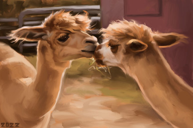 black_eyes blonde_hair building duo eating_grass fence feral fur grass hair kiss_on_nose kissing plant quadruped sand tan_body tan_fur alexpahomov alpaca camelid mammal 2022