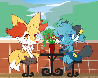 anthro arm_tuft beverage big_ears black_body black_fur black_nose blinking blue_body blue_eyes blue_fur chair cheek_tuft cliff cloud coffee coffee_mug container crossed_legs cup detailed_background digitigrade dipstick_tail duo eye_contact facial_tuft flower fluffy fluffy_chest fluffy_tail fur furniture grass holding_container holding_cup holding_object inner_ear_fluff looking_at_another looking_at_viewer male markings on_chair orange_body orange_eyes orange_fur outside pawpads plant plant_pot potted_plant red_nose seashell shell shoulder_tuft sitting sitting_on_chair smile steam table tail tail_markings tail_motion tailwag tuft wall_(structure) white_body white_fur yellow_body yellow_flower yellow_fur fiddleafox nintendo pokemon eli_(fiddleafox) nico_(fiddleafox) braixen dewott generation_5_pokemon generation_6_pokemon pokemon_(species) 2017 animated digital_drawing_(artwork) digital_media_(artwork)