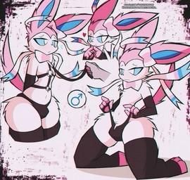4_fingers anthro armwear biped bulge clothing femboy fingers fur heart_symbol legwear male navel pink_body pink_fur solo white_body white_fur daxterado nintendo pokemon eeveelution generation_6_pokemon pokemon_(species) sylveon 2026