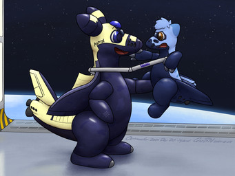 aircraft ambiguous_gender anthro black_body blue_body blue_eyes blue_gem brown_eyes cosmic_background duo eye_contact gem head_gem head_tuft holding_other in_space looking_at_another machine multicolored_body open_mouth planet shadow sky space space_shuttle spacecraft spaceplane star starry_background starry_sky tuft two_tone_body vehicle crizbn nintendo pokemon chris_(crizbn) airplane_dragon ampharos generation_1_pokemon generation_2_pokemon hybrid legendary_pokemon living_aircraft living_machine living_vehicle mew_(pokemon) pokemon_(species) shiny_pokemon 2024 4:3 shaded signature nonbinary_(lore)