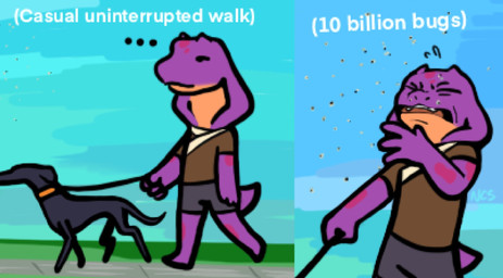 4_fingers anthro black_body black_fur black_tail clothed clothing duo ellipsis eyebrows fangs female feral fingers fur leash purple_body purple_tail tail teeth text ncs keeshee canid canine canis domestic_dog mammal reptile scalie snake english_text hi_res