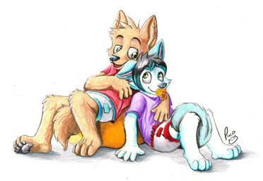anthro black_hair black_nose blue_body blue_fur clothed clothing diaper duo fur glistening glistening_eyes green_eyes hair logo male multicolored_body multicolored_fur narrowed_eyes object_in_mouth orange_body orange_fur pacifier pacifier_in_mouth purple_clothing purple_shirt purple_t-shirt purple_topwear red_clothing red_shirt red_t-shirt red_topwear shirt short_hair simple_background sitting t-shirt topwear two_tone_body two_tone_fur wearing_diaper white_background white_body white_diaper white_fur young young_anthro young_male pandapaco canid canine mammal artist_logo signature