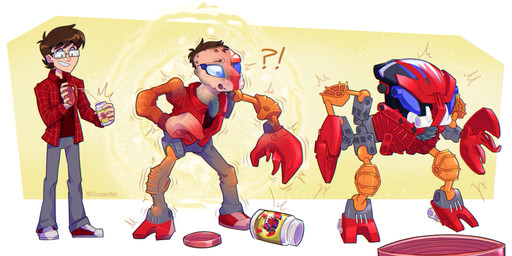 bottle bottomwear brown_hair clothing container footwear hair holding_bottle holding_container holding_object human_to_humanoid human_to_inanimate interrobang machine male not_furry pants red_body shoes shrinking simple_background size_transformation smile solo species_transformation standing topwear transformation vest mkiiiconvertible lego bohrok bohrok-kal human humanoid krana_(bionicle) mammal robot 2025 digital_media_(artwork) hi_res sequence