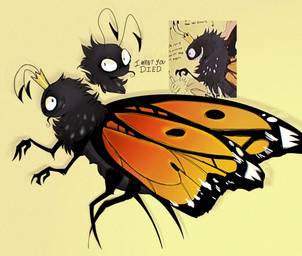 2_antennae 4_legs antennae_(anatomy) arthropod_abdomen black_antennae black_body black_tongue crown dialogue eyespots grin headgear insect_wings lepidopteran_wings markings monotone_background monotone_body multicolored_wings orange_wings quadruped ruff side_view simple_background smile solo standing teeth text tongue wings yellow_background bileshroom disney hoppers_(disney) pixar titus_(hoppers) arthropod butterfly insect lepidopteran 2026 absurd_res digital_media_(artwork) english_text hi_res reference_image