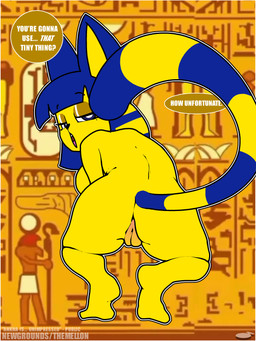 anthro big_breasts breasts caption crouching female genitals humiliation penis_humiliation small_penis_humiliation solo teasing text vulva themellon animal_crossing nintendo ankha_(animal_crossing) domestic_cat felid feline felis mammal 3:4 absurd_res english_text hi_res