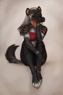 anklet anthro black_clothing black_legwear bridge_piercing clothed clothing dreadlocks ear_piercing facial_piercing female front_view fur gauged_ear glistening glistening_eyes grey_body grey_fur grey_hair hair industrial_piercing jewelry legwear lip_piercing lip_ring looking_at_viewer markings multiple_piercings nose_piercing orange_eyes orange_inner_ear orange_markings piercing red_clothing red_topwear ring_piercing sitting solo topwear whiskers lostgoose hyena mammal spotted_hyena 2023 dated hi_res signature
