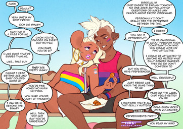anthro bench bisexual_pride_colors bottomwear breasts brown_body brown_fur clothed clothing dialogue duo ear_piercing ear_ring eyebrow_piercing eyeshadow facial_piercing female food fur hair holding_food holding_object lgbt_pride lipstick looking_at_another makeup male multicolored_clothing piercing pride_color_clothing pride_colors rainbow_pride_colors ring_piercing shirt shorts simple_background sitting speech_bubble spread_legs spreading stated_sexuality tail tank_top text topwear transgender_pride_colors toast-arts lgbt_pride_month mammal mouse murid murine mustelid otter rodent digital_media_(artwork) english_text hi_res gynomorph_(lore) trans_(lore) trans_woman_(lore)