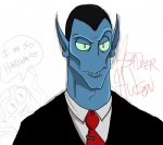 blue_body blue_skin clothed clothing fangs humanoid_pointy_ears male necktie not_furry pointy_ears red_eyes simple_background smile solo suit teeth white_background mrfangface adventure_time cartoon_network hunson_abadeer demon demon_humanoid humanoid