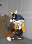 anthro balaclava black_balaclava crouching duo gun holding_gun holding_object holding_ranged_weapon holding_weapon male mask ranged_weapon smile teamwork tec-9 weapon deermary intratec sampson_(thymetime) skye_(skye_the_yordle) ailurid canid canine fennec_fox fox mammal red_panda true_fox meme