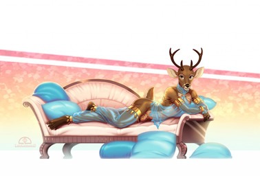 anthro antlers arm_support bracelet chain chastity_cage chastity_device clothed clothing femboy genitals gold_(metal) gold_chastity_cage gold_chastity_device gold_jewelry harem_jewelry harem_outfit horn humanoid_hands jewelry lock looking_at_viewer male padlock penis pillow reclining simple_background smile solo translucent translucent_clothing ladychimaera deer mammal 2018