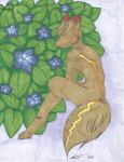 anthro biped blue_background brown_body brown_fur female flower fluffy fluffy_tail fur leaf markings nude orange_markings plant red_body red_fur sad shrub simple_background sitting solo stripes tail koshkio chloe_(koshkio) canid canine mammal 2012 absurd_res hi_res