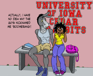 5_fingers anthro bench blue_bottomwear blue_clothing blue_footwear blue_pants blue_shoes bottomwear breasts bulge cleavage clothed clothing college detailed_bulge dialogue duo female fingers footwear front_view fur genital_outline grass grey_body grey_clothing grey_fur grey_shirt grey_tank_top grey_topwear male multicolored_body multicolored_fur nipple_outline on_bench pants penis_outline plant purple_clothing purple_footwear purple_shoes school shirt shoes shorts simple_background sitting sleeveless_shirt stare tan_bottomwear tan_clothing tan_shorts tank_top text tight_clothing topwear two_tone_body two_tone_fur yellow_clothing yellow_shirt yellow_sleeveless_shirt yellow_topwear sgtklark_(artist) asinus donkey equid equine mammal english_text
