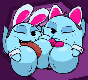big_breasts black_eyes blue_body blue_breasts blush blush_lines breasts duo eyebrows eyelashes eyeshadow fake_cat_ears fake_ears fake_rabbit_ears female looking_at_viewer makeup mouth_closed not_furry one_eye_closed open_mouth open_smile sharp_teeth smile teeth tongue tongue_out luanctoons mario_bros nintendo paper_mario:_the_thousand_year_door lahla_(mario) peeka_(mario) boo_(mario) ghost spirit 2024 absurd_res digital_media_(artwork) hi_res