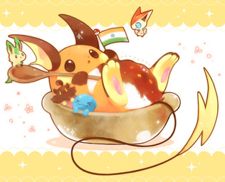 ahoge ambiguous_gender black_body black_fur blue_body blue_eyes bowl brown_body brown_eyes brown_inner_ear brown_markings butt_wings cheek_spots container covered_in_food cutlery dripping extreme_size_difference eyes_closed feet feral flag flag_(object) floating flower food fur gloves_(marking) green_body group hair holding_bowl holding_container holding_flag holding_object holding_spoon in_bowl in_container indian_flag kitchen_utensils leg_markings long_tail looking_at_another lying markings micro monotone_body multicolored_body on_back open_mouth open_smile orange_body orange_markings pawpads paws pink_pawpads plant pokeball size_difference smile socks_(marking) sparkles spoon standard_pokeball tail tan_body tan_fur tools unusual_wing_placement white_body white_markings wings yellow_body yellow_eyes michi_runi nintendo pokemon eeveelution elemental_creature flora_fauna generation_1_pokemon generation_2_pokemon generation_4_pokemon generation_5_pokemon generation_6_pokemon leafeon legendary_pokemon mammal pokemon_(species) pumpkaboo raichu rodent victini wobbuffet digital_media_(artwork) unavailable_at_source