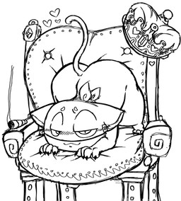 all_fours anthro ass_up bedroom_eyes big_butt blush butt chair chibi claws crown fur furniture headgear heart_symbol kerchief male mask narrowed_eyes seductive simple_background solo tail throne salamikii atlus megami_tensei persona_(series) persona_5 sega morgana_(persona) domestic_cat felid feline felis mammal tuxedo_cat black_and_white hi_res monochrome
