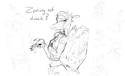 anthro bodily_fluids choker clothed clothing crying feathered_wings feathers female hair jewelry long_hair long_snout looking_at_viewer makeup mascara navel necklace running_makeup running_mascara smoking snout solo tears wings kheltari cavemanon_studios goodbye_volcano_high ko_op_(game_developer) snoot_game fang_(gvh) prehistoric_species pterosaur reptile scalie 2023 hi_res monochrome sketch sketch_page