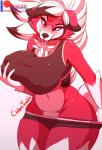 absurd_res anthro big_breasts blush breast_grab breast_squeeze breasts canid canine chest_tuft civibes clothed clothing clothing_pull curvy_figure digital_media_(artwork) female fur generation_7_pokemon hand_on_breast hand_on_own_breast hi_res looking_at_viewer lycanroc mammal midnight_lycanroc midriff navel nintendo nipple_outline panties panty_pull pink_eyes pink_sclera pokemon pokemon_(species) seductive simple_background smile solo squeezing thick_thighs tongue tongue_out tuft underwear underwear_pull undressing voluptuous white_body white_fur wide_hips